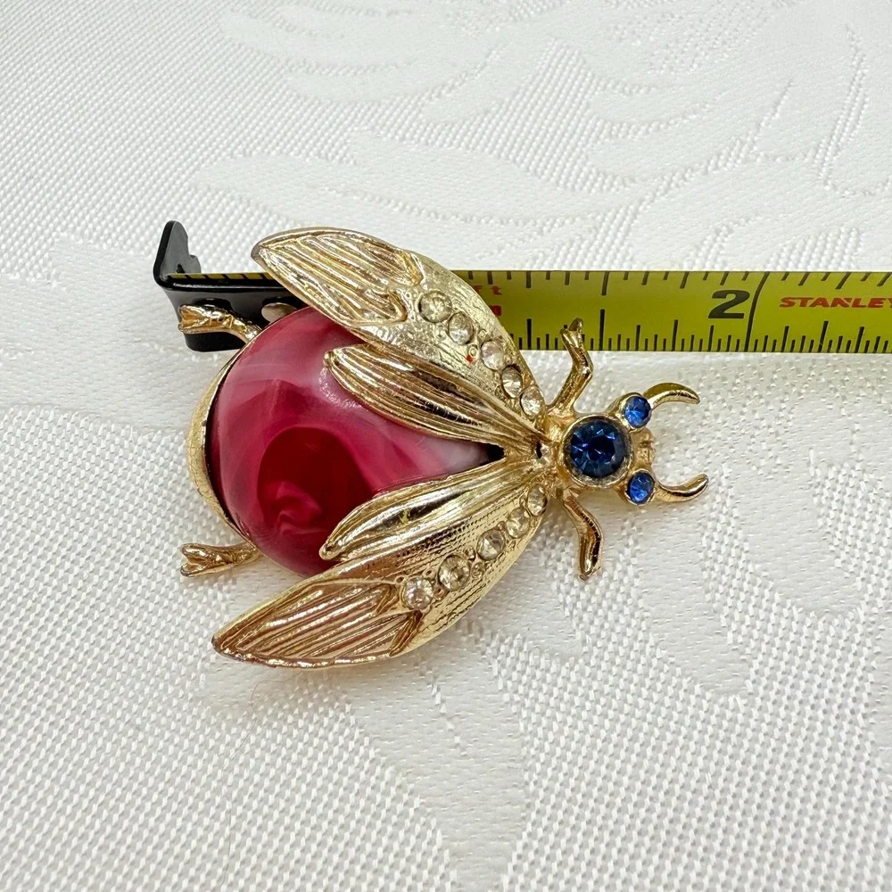 Vintage Insect Art Deco Style Brooch w/ Blue Rhinestone Eyes and Red Resin Belly